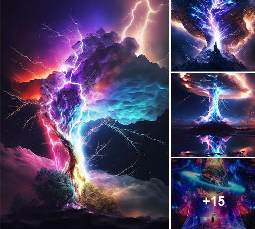 A Painting with Vibrant Lightning Bolts and Clouds
