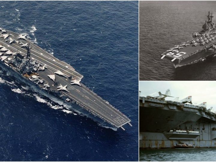 SS United States Passes by the Newly Commissioned USS Forrestal (CVA-59), the First Aircraft Carrier Designed for Jet Aircraft