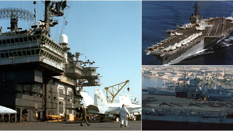 USS Kitty Hawk’s Dramatic Homeport Voyage: Aerial Bow View of the Aircraft Carrier Carrying Cars at Sea in 1983